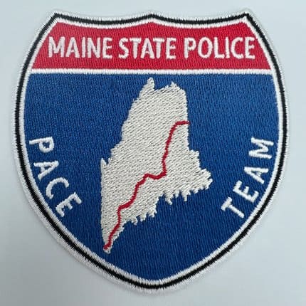 Maine State Police PACE Team embroidered patch featuring a map of Maine with a red route line, symbolizing law enforcement and patrol coverage.