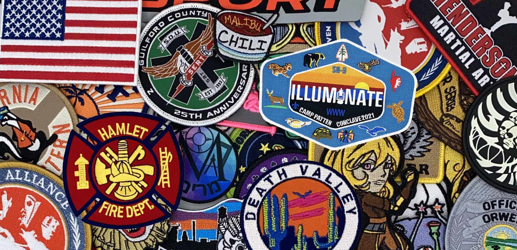 Assorted collection of custom embroidered patches featuring designs from fire departments, martial arts, scouting, and national parks, highlighting diverse themes and vibrant colors.