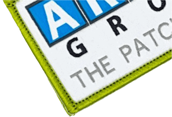 Close-up of Artex Group logo patch with green border, showcasing 'The Patch People' slogan for custom embroidered patches.