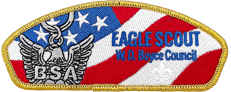 Eagle Scout patch for W.D. Boyce Council with American flag background, symbolizing achievement in Boy Scouts of America (BSA).