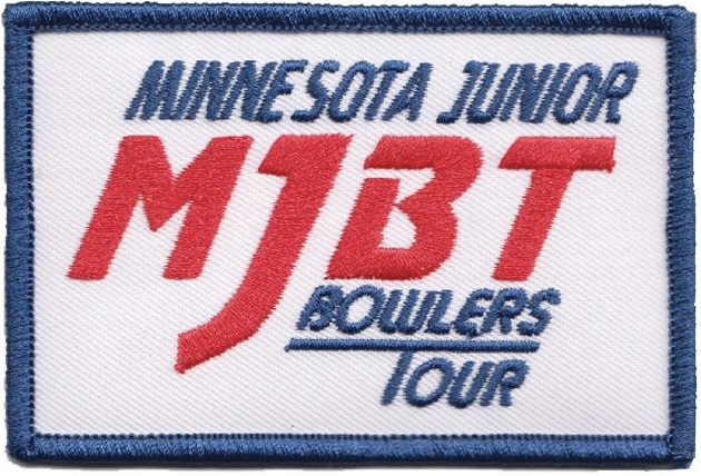 Minnesota Junior Bowlers Tour (MJBT) embroidered patch with bold red and blue lettering, representing youth bowling competition in Minnesota.