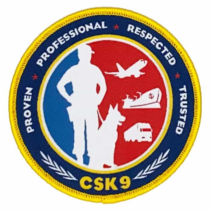 CSK9 patch featuring K9 handler and dog silhouette with icons for air, sea, and land security, emphasizing professionalism, respect, and trust.