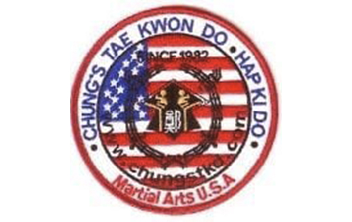 Chung's Tae Kwon Do and Hapkido martial arts patch with American flag background, established in 1982, representing Martial Arts USA.