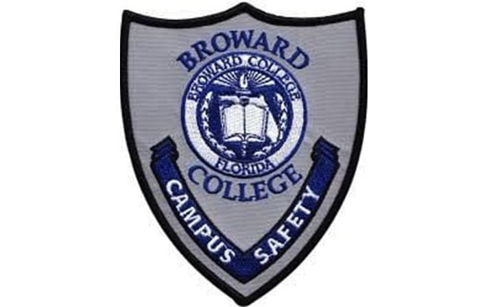 Broward College Campus Safety embroidered shield patch in blue and gray, symbolizing security and protection for college community.