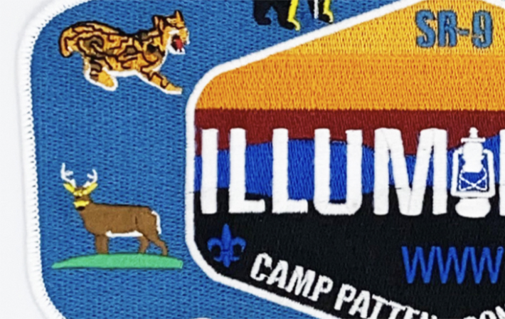 Illuminati-themed camp patch with wildlife designs, including a deer and tiger, and colorful background, ideal for scouts or outdoor enthusiasts.