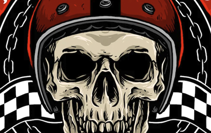 Bold skull patch design with red helmet and black-and-white checkered background, ideal for biker jackets and motorcycle enthusiasts.