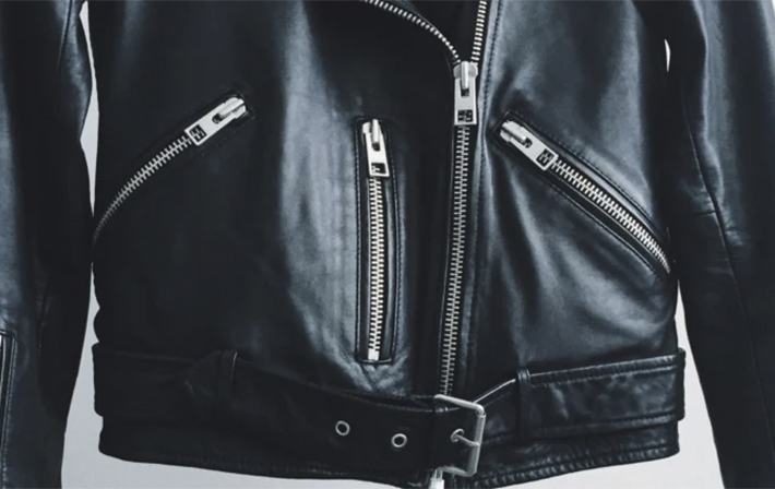 Classic black leather biker jacket with silver zippers and buckle, perfect for customizing with patches for a bold, personalized style.